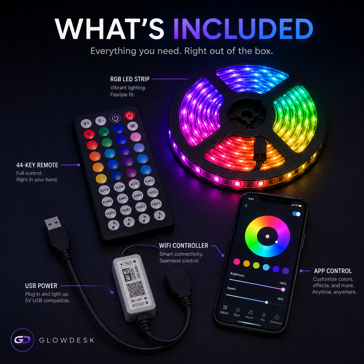 RGB LED Strip Lights – WiFi App + 44-Key Remote Included