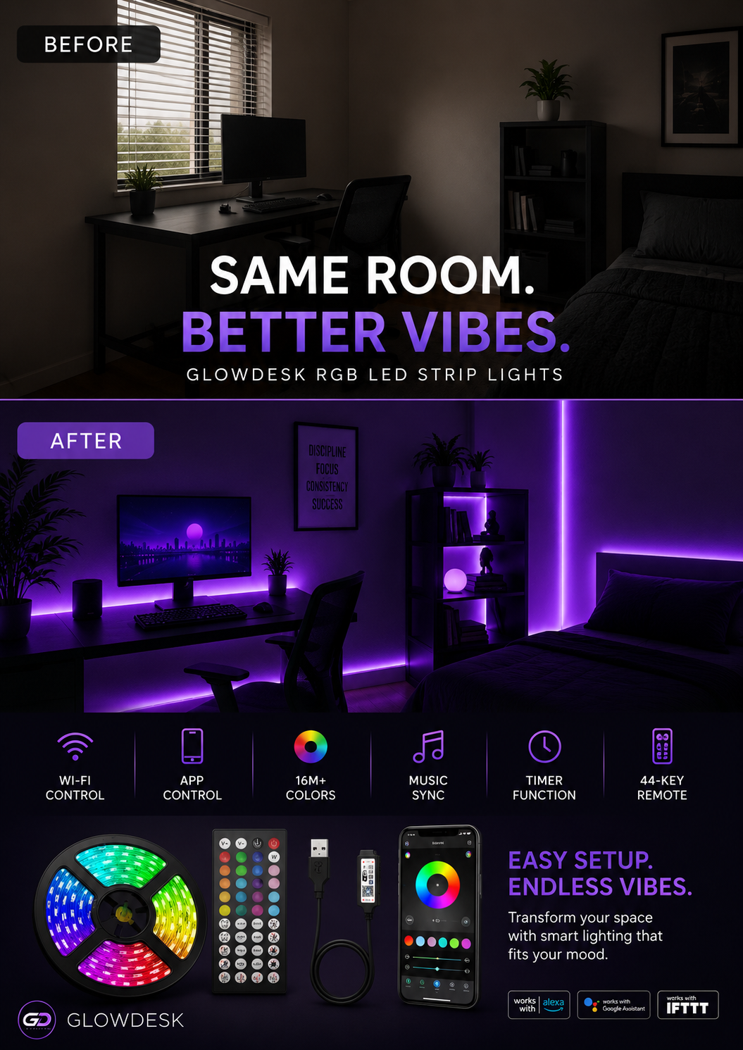 RGB LED Strip Lights – WiFi App + 44-Key Remote Included