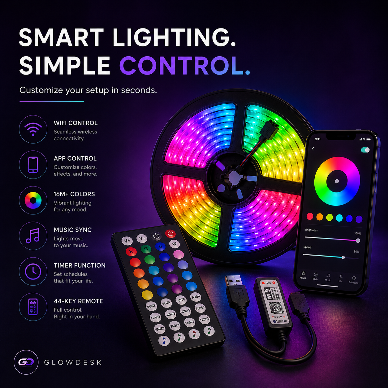 RGB LED Strip Lights – WiFi App + 44-Key Remote Included